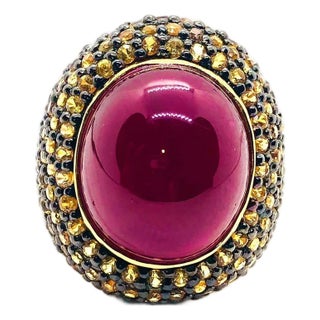 Bochic “Orient” Vintage Ruby & Yellow Sapphire Ring Set In 18K Gold & Silver For Sale