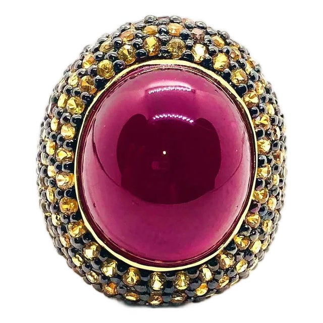 Bochic “Orient” Vintage Ruby & Yellow Sapphire Ring Set In 18K Gold & Silver For Sale