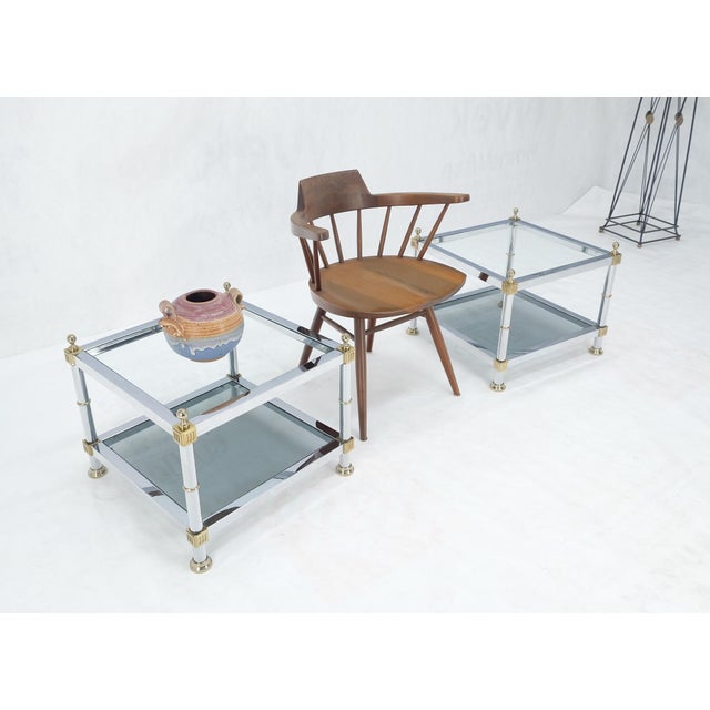 Transparent Pair of Square Chrome & Brass Smoked Glass Two Tier End Side Tables MINT! For Sale - Image 8 of 11