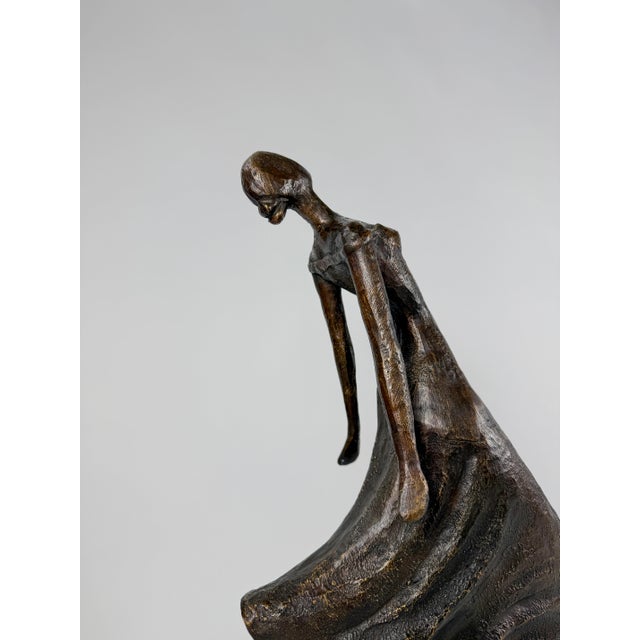 Contemporary Late 20th Century Modern Bronze Female Figure Sculpture in Flowing Dress on Marble Base - 24"h For Sale - Image 3 of 11