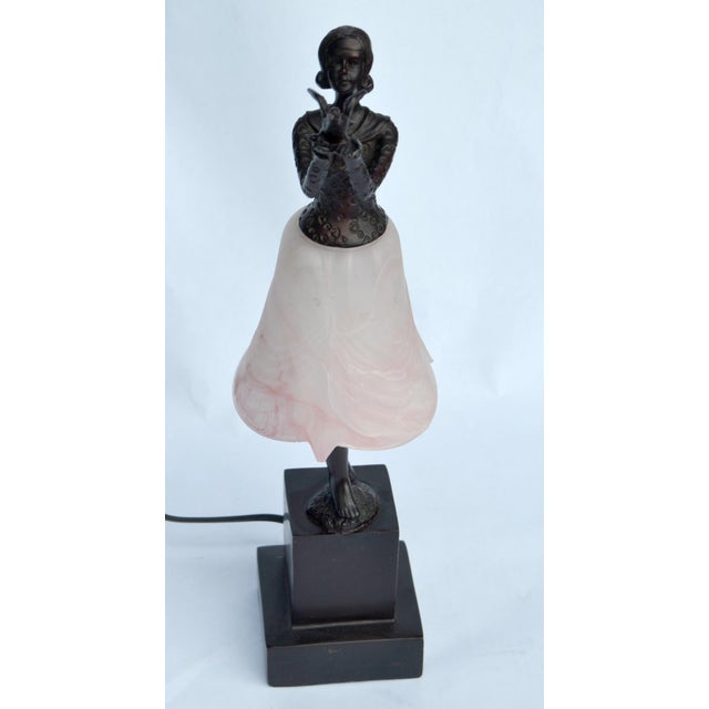 Art Deco 1970s Art Deco Bruno Zach Attributed Bronze Sculpture Female Dancer Table Lamp Art Glass Shade For Sale - Image 3 of 15