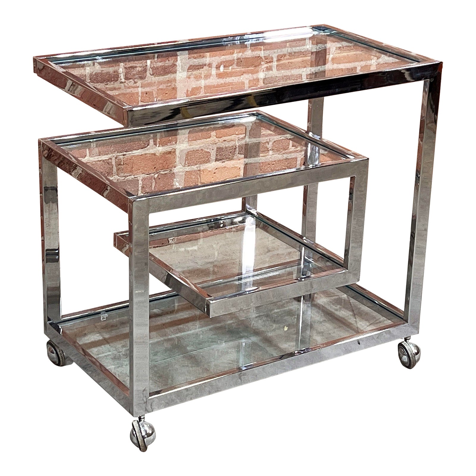 Mid Century Modern Chrome and Glass Greek Key Bar Cart by Milo Baughman