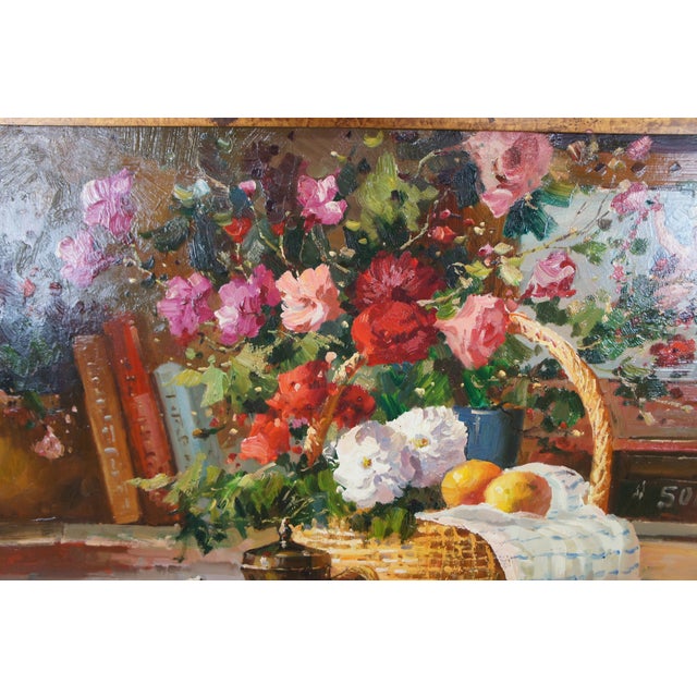 Wood 20th C. Realist Still Life Signed Oil Painting Canvas Fruit Violin Flowers 48" For Sale - Image 7 of 12