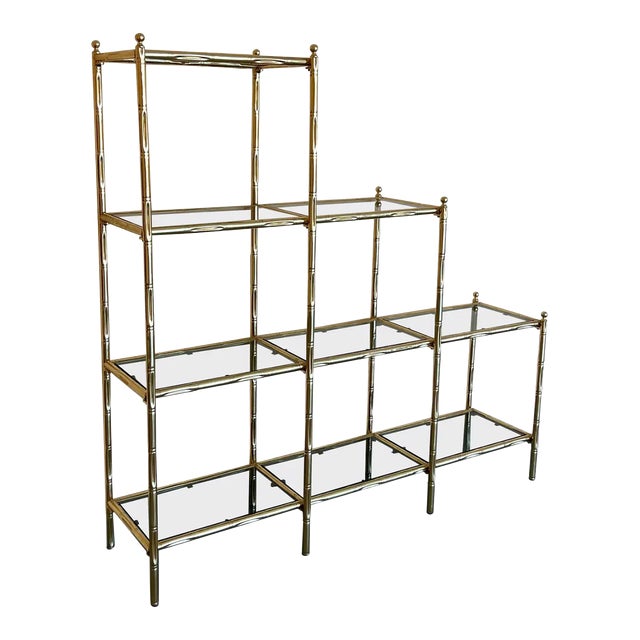 Mid-Century Modern Faux Bamboo Brass Etagere With Stair Form and Smoked Glass For Sale
