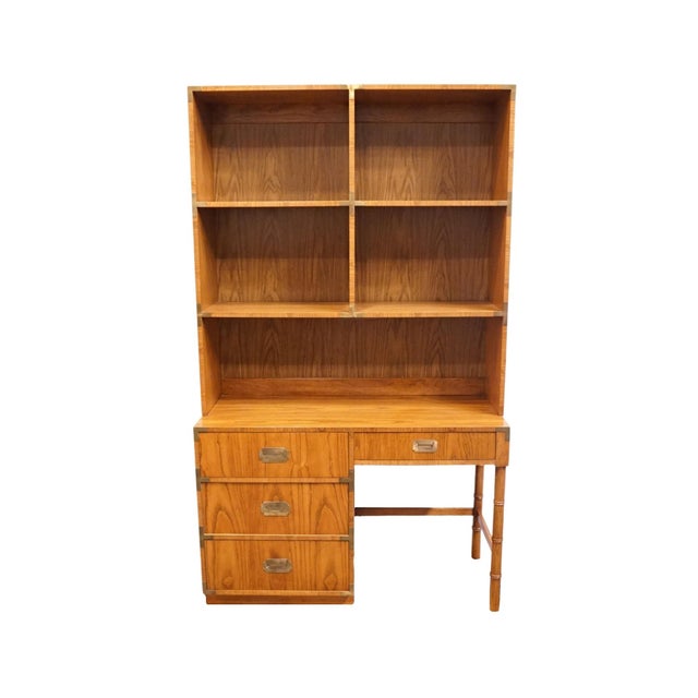 Campaign Dixie Furniture Campaigner Collection Walnut 46" Student Writing Desk W. Bookcase Hutch Top 767-532 / 767-543 For Sale - Image 3 of 15