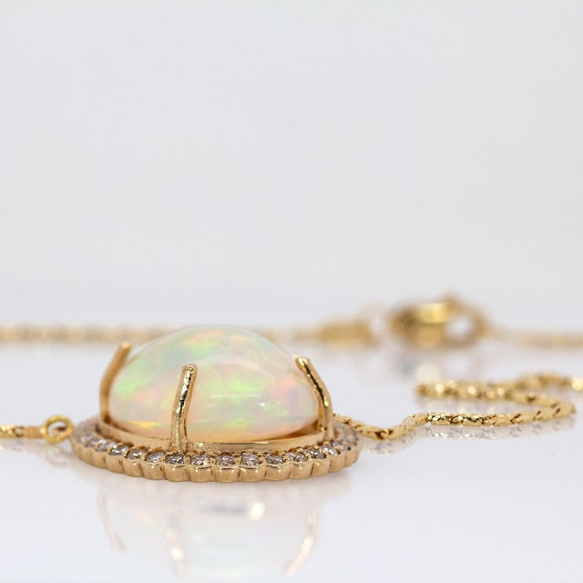 Metal 6.36cts Ethiopian Opal Pendant With Natural Diamonds Halo in 14k Solid Gold For Sale - Image 7 of 8