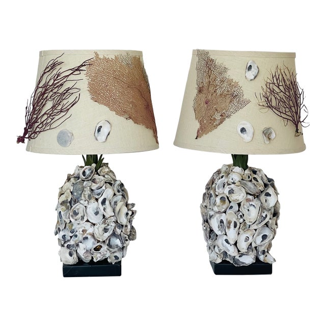 1970s Coastal Grotto Oyster Shell Lamps With Custom Lamp Shades - a Pair For Sale