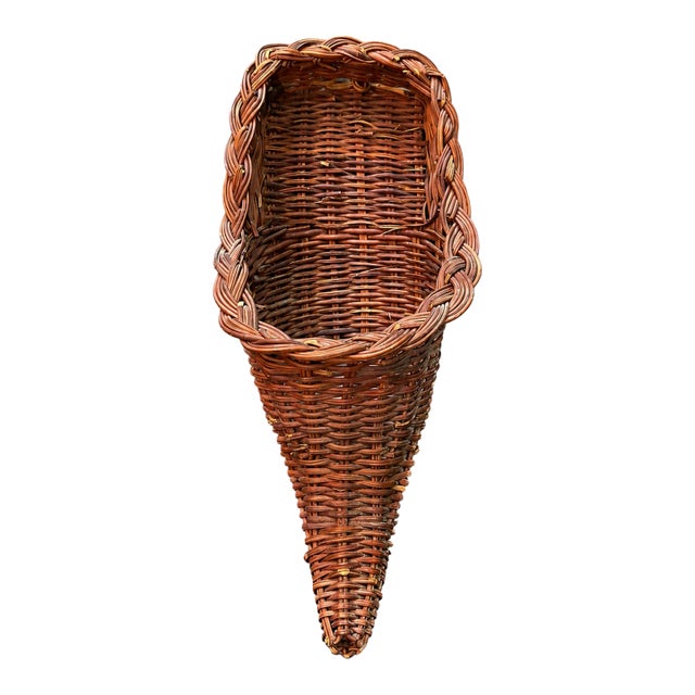 Vintage 1970s–1980s Handwoven Wicker Hanging Basket For Sale