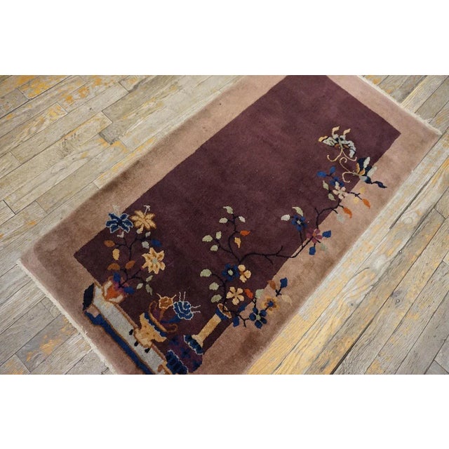 Art Deco 1920s Splendid Plum Ground Flower Design Antique Chinese Art Deco Knotted Rug For Sale - Image 3 of 13
