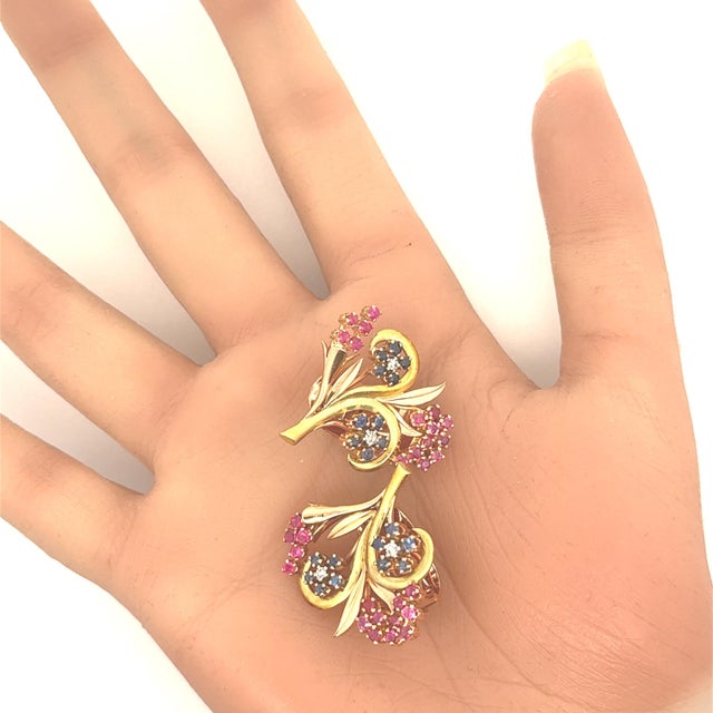 1950s Retro Ruby Blue Sapphire Diamond 18k Two-Tone Floral Earrings, A Pair For Sale In Los Angeles - Image 6 of 6