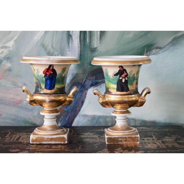 Two beautiful antique Old Paris Porcelain Louvre urn form vases on stands. ca 1850-1870 Hand-Painted with Figures from...