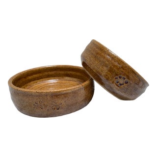 Vintage Handmade Rustic Pottery Pet Bowls, Set of Two For Sale