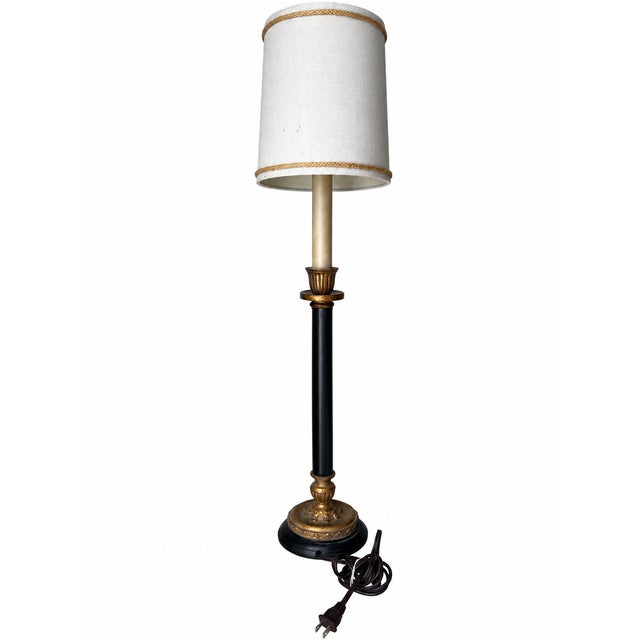Black and Gold Neoclassical Candlestick Table Lamp With Braided-Trim Shade For Sale - Image 10 of 11