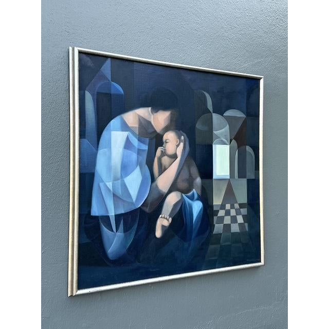 Blue Vintage Original Abstract Figurative Oil Painting of Mother and Child For Sale - Image 8 of 12