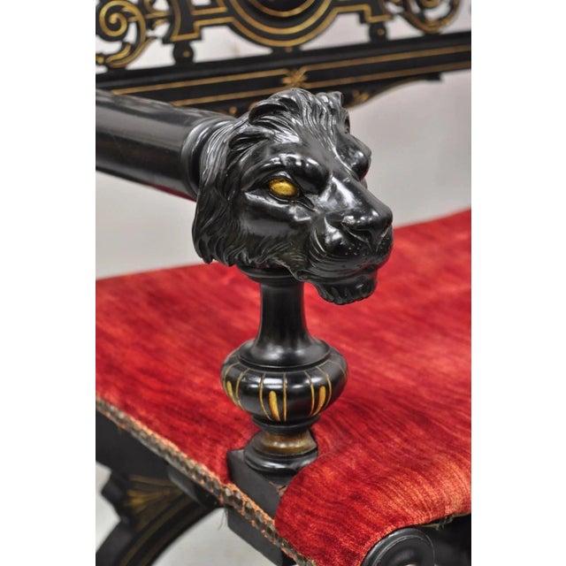 Antique Victorian Aesthetic Movement Ebonized Curule Throne Arm Chair With Lions For Sale In Philadelphia - Image 6 of 13