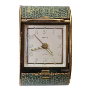 Vintage Art Deco Rensie Travel Alarm Clock in Brass and Green Shagreen 1930s