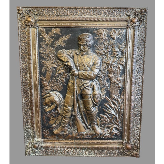 Antique Brass Repoussé Hanging Scenic Plaque Hunter With His Dog & Game Animals For Sale - Image 11 of 11