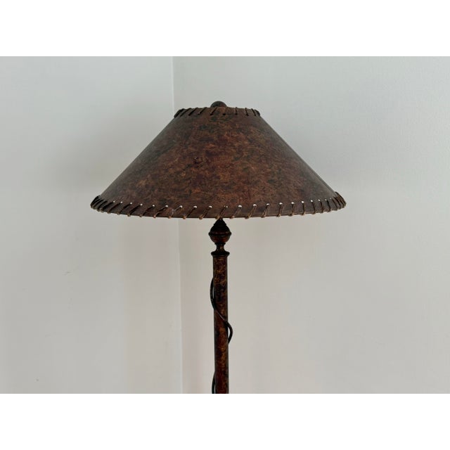 Spanish Revival Arts & Crafts Style Wrought Iron Floor Lamp on Tripod Legs With Original Shade For Sale - Image 3 of 12