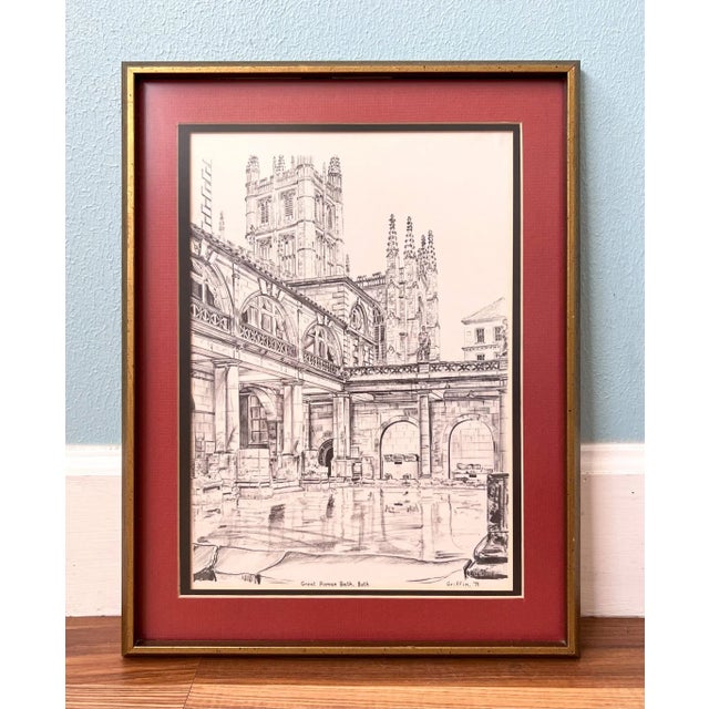 1970's Framed English Illustrated Prints by Griffin: The Great Roman Bath and Bath Abby in England For Sale In Houston - Image 6 of 11