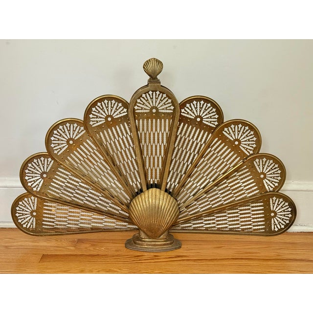 Vintage Brass Peacock Folding Fireplace Screen With Shell Motif For Sale - Image 12 of 12