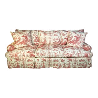 $26,000.00 Scalamandre Pagoda Picnic Pastoral Chinoiserie Toile Slipcover and White Linen Upholstered Roll Arm Sofa For Sale
