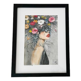 Acrylic Painting Fleur De La Nuit Woman with Flowers in Wood Veneer Frame For Sale