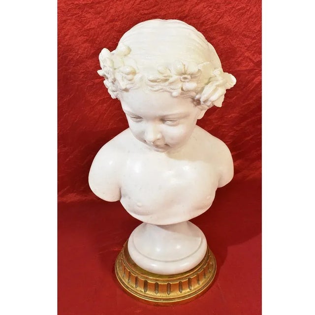 Ivory Antique Marble Statue, Bust of Young Girl with Flower Wreath, 19th-Century For Sale - Image 8 of 11