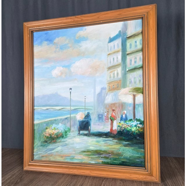 Original painting by Howard Kimble. Signed lower right. Impressionistic scene of a French flower market along a river with...