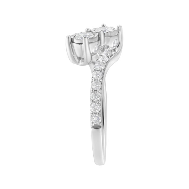 Early 21st Century 10K White Gold Two-Stone Miracle-Set Diamond Bypass Ring (1 Cttw, H-I Color, I1-I2 Clarity) - Size 6-1/2 For Sale - Image 5 of 7