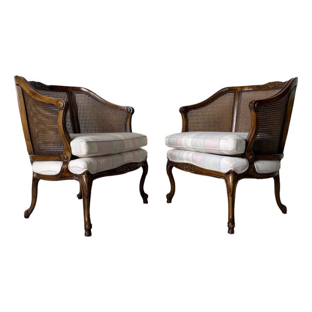 1960s Vintage French Provincial Louis XV-Style Carved Walnut & Cane Club Chairs – Pair For Sale