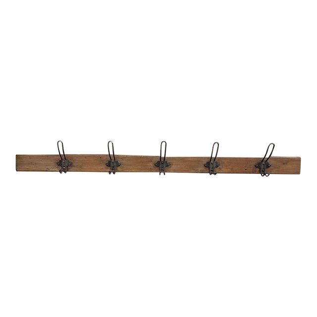 Rustic Pine Coat Hook Rack Rail – Solid Wooden Wall Mounted With Iron Hooks 1900 For Sale