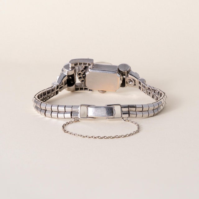 Art Deco 1940's 4.25 Carats Diamond Hamilton Cocktail Watch 14k White Gold For Sale - Image 3 of 5