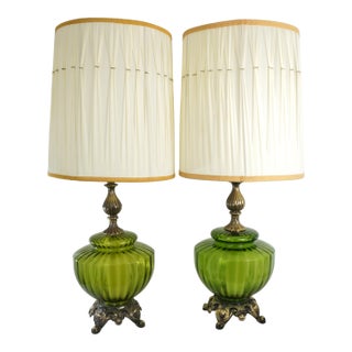 Vintage Green Empoli Glass Mid Century Hollywood Regency Style Lamps - a Pair For Sale