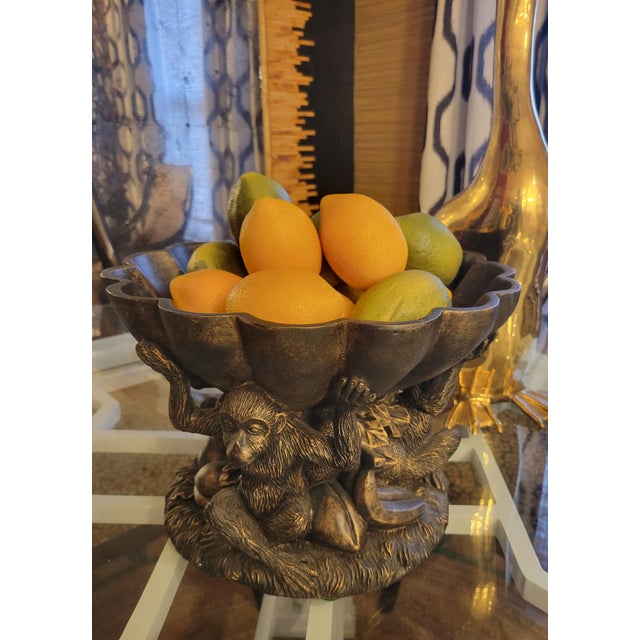 1990s Vintage Large Scalloped Monkey Regency Fruit Bowl Table Decor For Sale - Image 5 of 8
