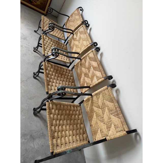 Organic Modern Hand-Wrought Iron & Woven Raffia Armchairs – Set of 4 For Sale - Image 4 of 13