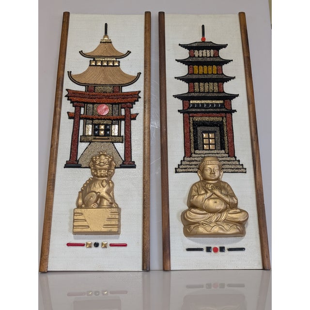 Mid 20th Century Asian Chinoiserie Foo Dog Buddha Gravel Art a Pair For Sale - Image 5 of 11