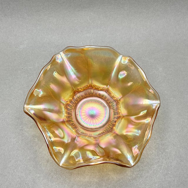 Antique Imperial Glass “Optic Flute” Marigold Carnival Glass Ruffled Bowl For Sale In New York - Image 6 of 7