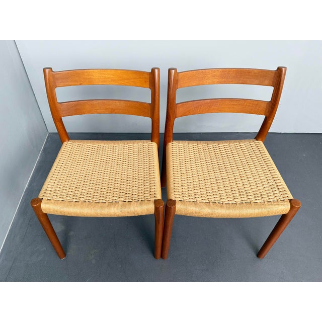 Mid-Century Modern Model 84 Dining Chairs in Teak and Paper Cord by Niels Otto Møller for Jl Møllers, Denmark, 1970s, Set of 4 For Sale - Image 3 of 8
