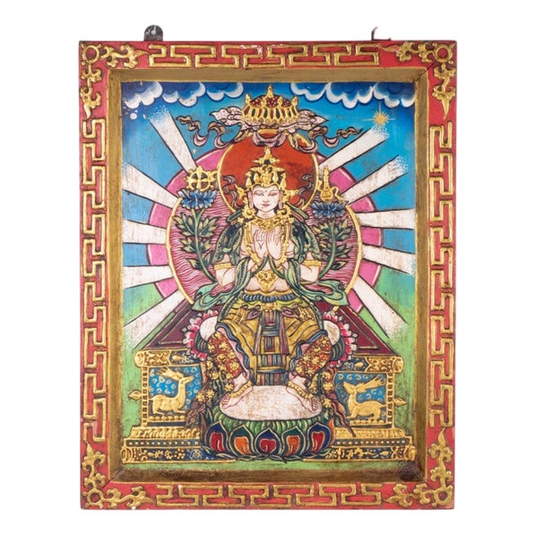 Embossed Painting with Decorated Frame Depicting White Tara For Sale