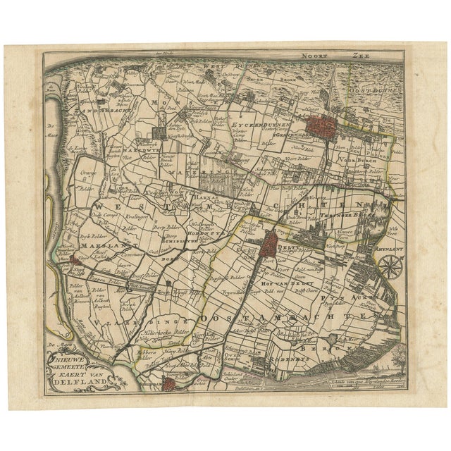 Hand-Colored Map of Delfland by Hendrik De Leth, 1740 For Sale