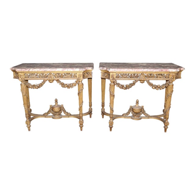 Pair of Fine Quality Marble Top Giltwood Louis XVI Console Tables Circa 1870 For Sale