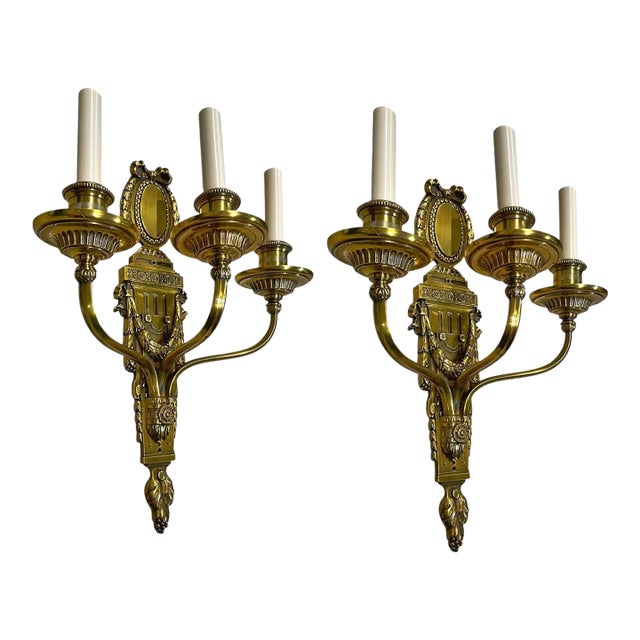 1900 Neoclassic Caldwell Gilt Bronze 3 Lights Sconces - a Pair For Sale