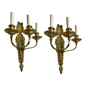 1900 Neoclassic Caldwell Gilt Bronze 3 Lights Sconces - a Pair