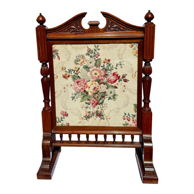 Vintage English Carved Wood Fire Screen With Floral Tapestry Panel For Sale