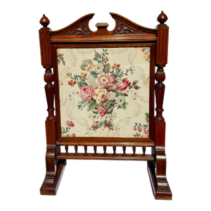 Vintage English Carved Wood Fire Screen With Floral Tapestry Panel