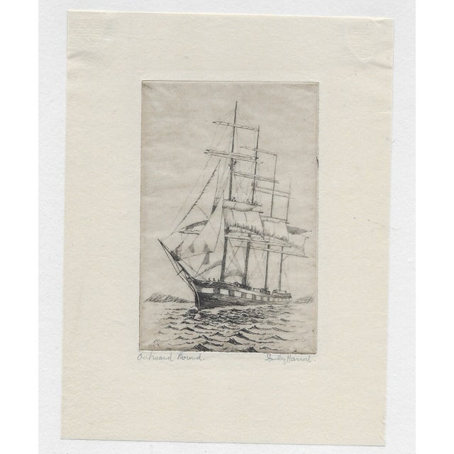 1920s Stanley Harrod (1881-1954) "Outward Bound" pencil signed ship etching on paper. Harrod was born in Leeds, England...