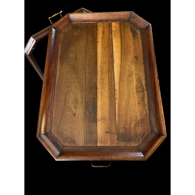Antique Tea Cart With Brass Inlay, Wood Framed Glass Tray Top For Sale - Image 10 of 18