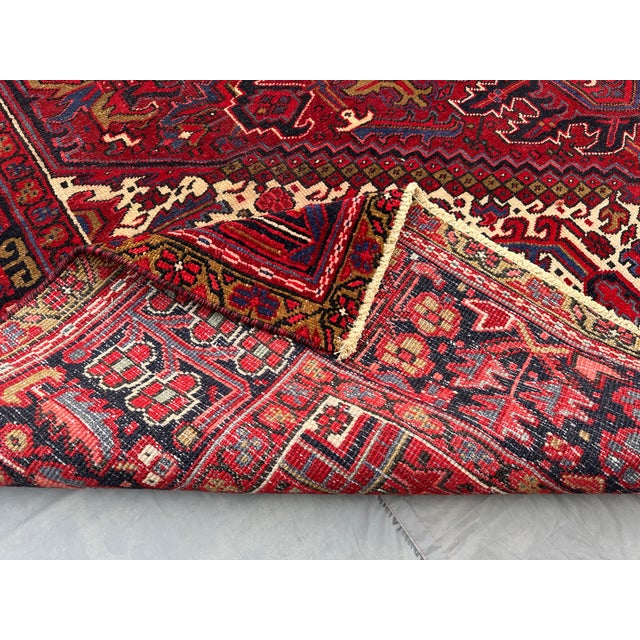 Ruby Red Vintage Hand-Knotted Caucasian Wool Rug 8' X 11'3" – Tribal Heriz Design Extra Large Area Carpet For Sale - Image 8 of 8