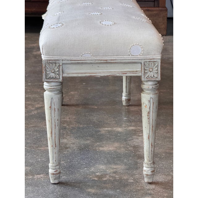Green Mid 20th Century Louis XVI Painted Bench With Embroidered Linen Seat For Sale - Image 8 of 8