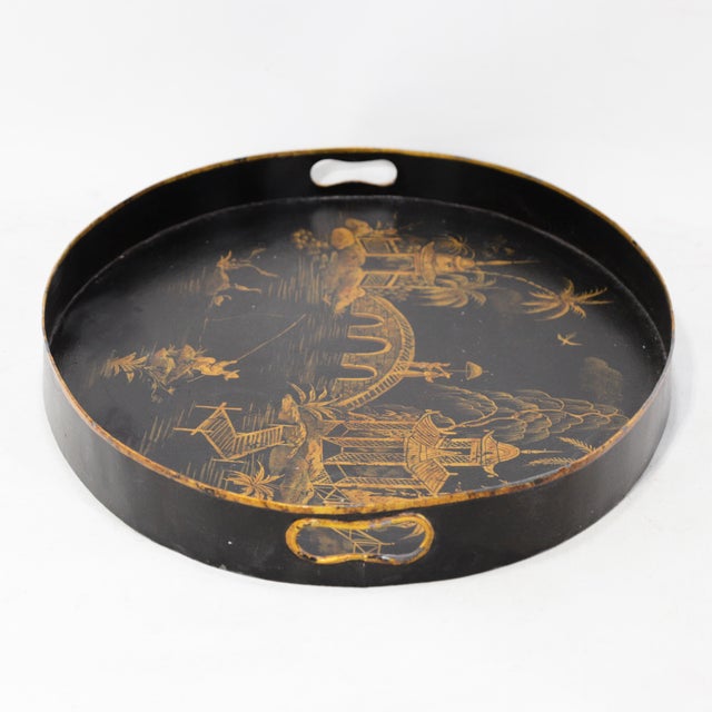 Chinoiserie Vintage Black and Gold Chinoiserie Lacquerware Serving Tray For Sale - Image 3 of 14